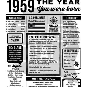 1959 the Year You Were Born PRINTABLE Birthday Party Decorations 1959