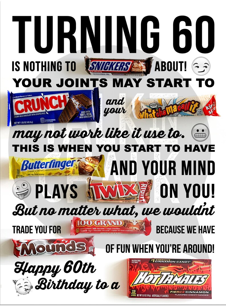 60th Birthday PRINTABLE Candy Poster Birthday Candy Sign | Etsy