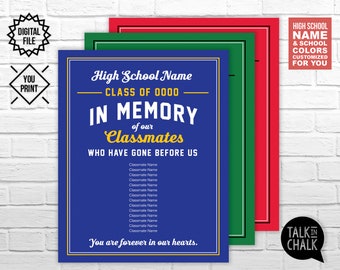 Custom Class Reunion PRINTABLE - In Memory Of the Classmates Who Have Gone Before Us | In Memoriam | Choose Colors and Year | DIY Printing