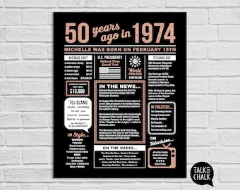 Personalized Black and Rose Gold 50th Birthday PRINTABLE Poster | 50 Years Ago Back in 1974 Sign | 50th Birthday Gift | Rose Gold Party