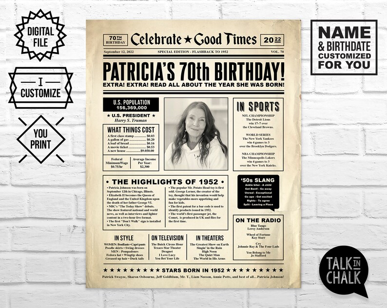 70th Birthday Newspaper Poster With Custom Photo PRINTABLE - Etsy