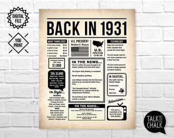 Back In 1931 PRINTABLE Newspaper Poster Sign | 1931 Birthday Party Decorations | Gift for Great Grandma or Grandpa | DIY Printing