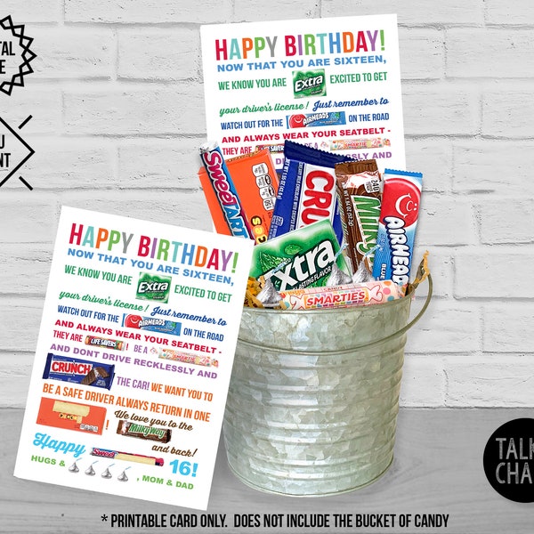 PRINTABLE 16th Birthday Candy Card for Son, Daughter, Niece, Nephew | Sweet 16 Printable Candy Gram | 16th Birthday Ideas | Easy to Print