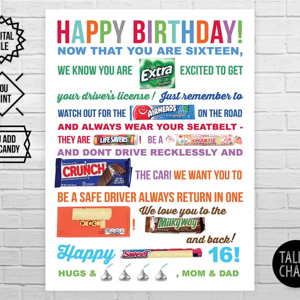 16th Birthday PRINTABLE Candy Poster | Sweet 16 Birthday Ideas | Birthday Candy Sign | Funny Birthday Gift | DIY Printing