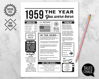 1959 The Year You Were Born PRINTABLE | Birthday Party Decorations | 1959 DIGITAL Sign | Birthday Poster | Last Minute Birthday Gift