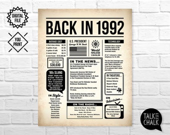 Back In 1992 Newspaper-Style DIGITAL Poster | 1992 Birthday PRINTABLE Sign | 1992 Birthday Poster | Birthday Gift Ideas | Anniversary Gift