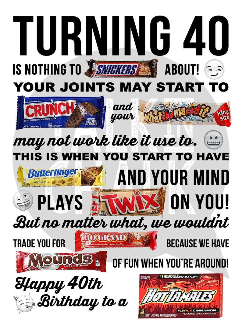 40th Birthday PRINTABLE Candy Poster Birthday Candy Sign Etsy