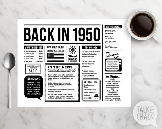 Back In 1950 Printable Placemat 70th Birthday Placemat Etsy