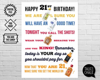 Poster di grammo di liquore STAMPABILE per il 21° compleanno felice / Idee regalo per il 21° compleanno / Insegna di compleanno da utilizzare con mini bottiglie di alcol / Stampa fai da te