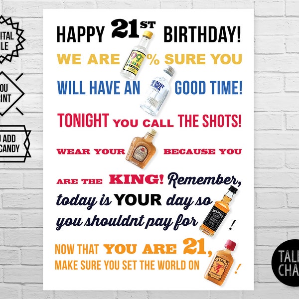 Happy 21st Birthday PRINTABLE Liquor Gram Poster | 21st Birthday Gift Ideas | Birthday Sign to use with Mini Alcohol Bottles | DIY Printing