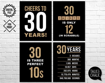 30th Birthday Sign Pack | 30th Birthday PRINTABLE Signs | Cheers to 30 Years Sign | Black and Gold Birthday Party Decorations