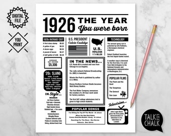 1926 The Year You Were Born PRINTABLE | 1926 PRINTABLE Birthday Sign | Last Minute Gift | Instant Download |  DIY Printing