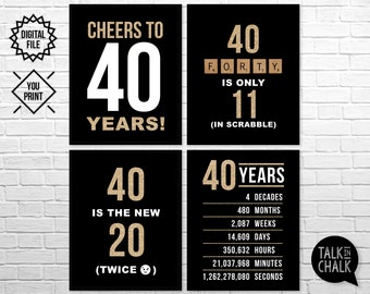 40th Birthday Sign Pack | 40th Birthday PRINTABLE Signs | Cheers to 40 Years Sign | Black and Gold Birthday Party Decorations