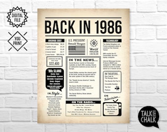 Back In 1986 Newspaper-Style DIGITAL Poster | 1986 Birthday PRINTABLE Sign | Flashback 1986 | 1986 Birthday | Gift Ideas | Anniversary Gift