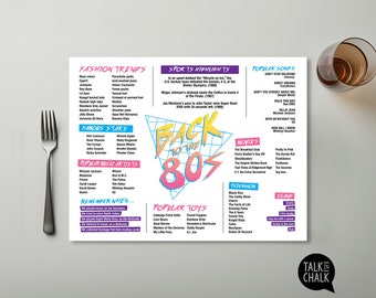 Back to the 80s PRINTABLE Placemat | Decades Party | 80s Party Decorations | Table Setting, Place Setting | Reunion Ideas | Easy to Print