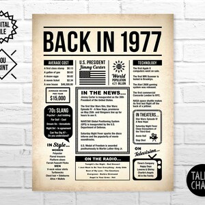 Back In 1977 PRINTABLE Newspaper Poster 1977 DIGITAL Birthday Sign 1977 Birthday Poster Birthday Gift Ideas Year You Were Born image 1