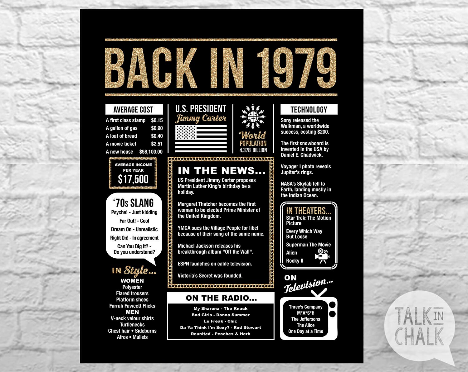 Back In 1979 Black and Gold Glitter PRINTABLE Poster 40th | Etsy