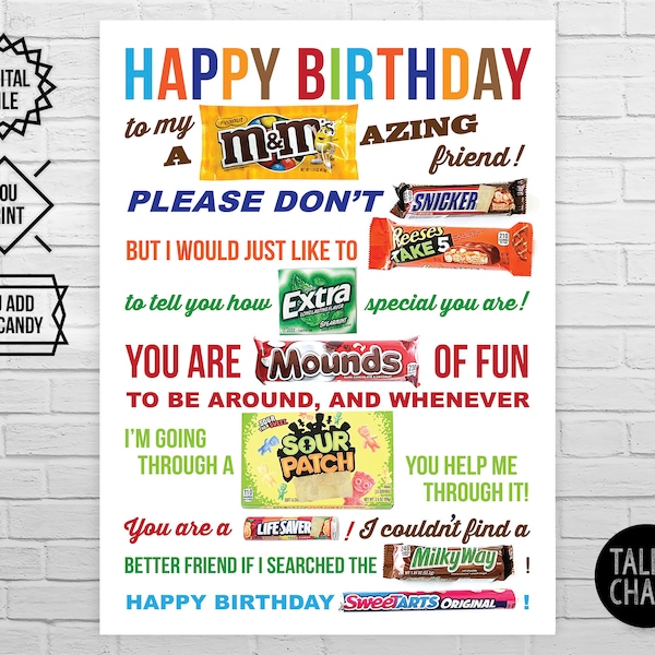 Happy Birthday PRINTABLE Candy Poster | Funny Birthday Gift for a Friend | PRINTABLE Birthday Candy Gram Sign | DIY Printing