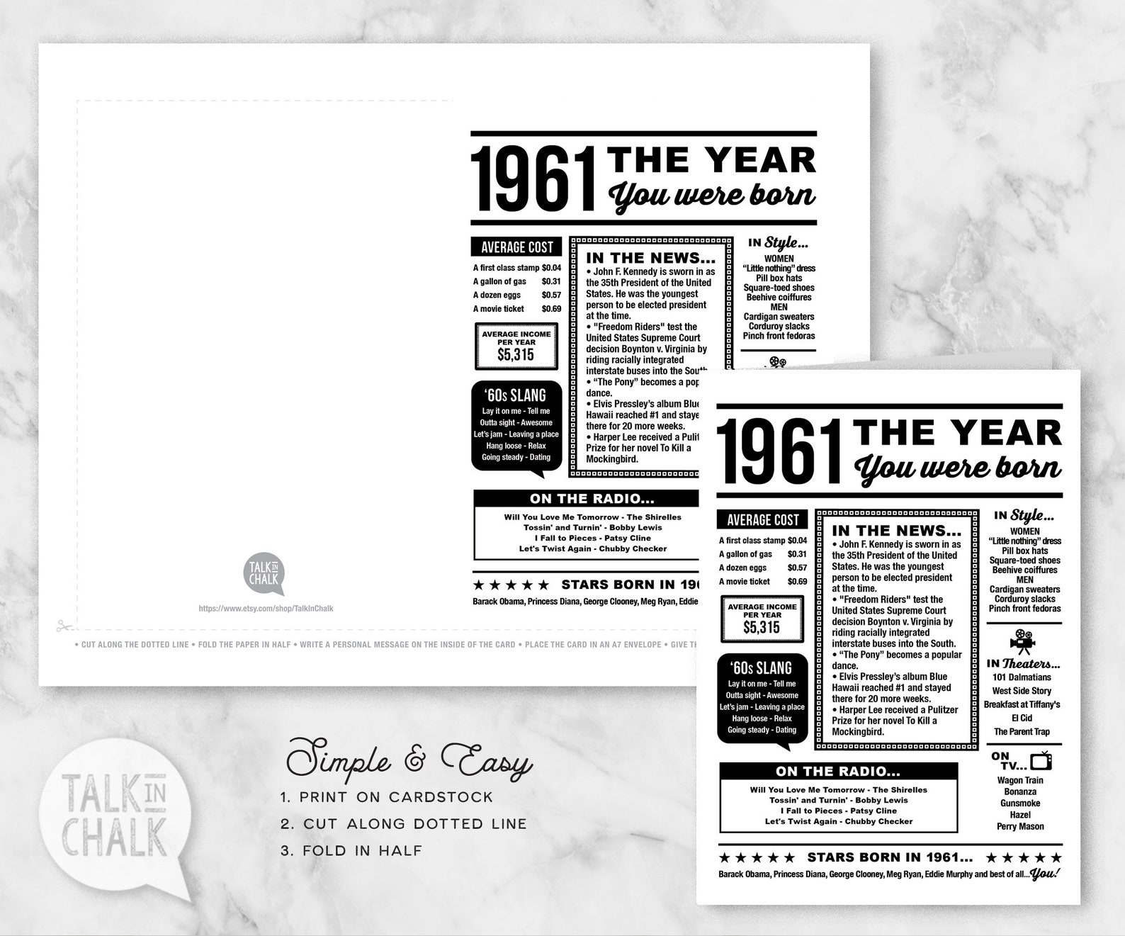 1961 Year You Were Born PRINTABLE Birthday Card 60th Etsy