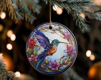 Stained Glass Hummingbird, Home Decor, Holiday Decoration, Gift for Nature Lovers, Floral Christmas Ornament