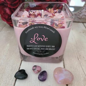 Love Manifestation Crystal Intention Candle with Amethyst & Rose Quartz for Romance, Soy Wax, Essential Oils, Heart Chakra Activation
