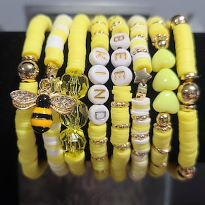 Yellow Bohemian Polymer Clay Bracelet Set with Bee Charm, Set of 8 Stackable Bracelets, Boho Style Summer Jewelry for Women