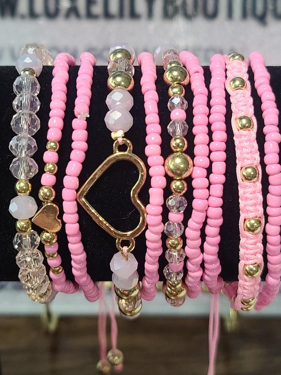 Charming 10-piece Pink Heart Glass Beaded Bracelet Set With  display picture 3