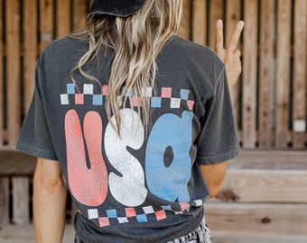 Comfort Colors® Retro USA Checkered Shirt, Red White and Blue Shirt, July 4 Graphic Tee, Vintage Checkerboard Shirt, America Patriotic Tee