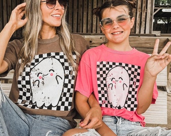 Comfort Colors® Retro Halloween Checkered Ghost Shirt, Cute Ghost Tee, Womens Halloween Shirt, Cute Fall Shirt, Spooky Season Gift For Her