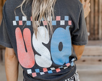 Comfort Colors® Retro USA Checkered Shirt, Red White and Blue Shirt, July 4 Graphic Tee, Vintage Checkerboard Shirt, America Patriotic Tee
