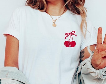 Cherry Bow Shirt, Red Cherry and Bow oversized minimalist Tshirt, Pinterest Aesthetic, Girly Social Club, Trendy Pink Bow, cute hoodie