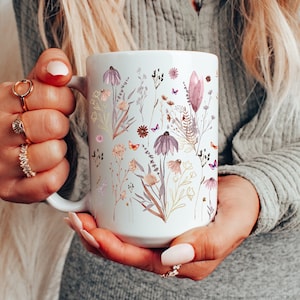 Boho Wildflowers Cottagecore Coffee Mug, Pressed Flowers Mug, Pastel Floral Nature Mug, Wildflower Tea Cup, Flower Garden Lover,Gift for Her