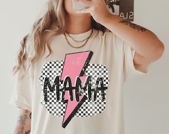 Comfort Colors® Checkered Mama Lightning Bolt Shirt, 90s Retro Mama Shirt, Mother’s Day Gift, Motherhood Shirt, Mom Life Tee, Sweatshirt