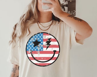 Comfort Colors® Retro Star USA Happy Face Graphic Tee, Comfort Colors 4th of July Graphic Tee, Star American Graphic Tee, Red White and Blue