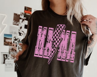 Comfort Colors® Checkered Mama Lightning Bolt Shirt, 90s Retro Mama Shirt, Mother’s Day Gift, Motherhood Shirt, Mom Life Tee, Sweatshirt