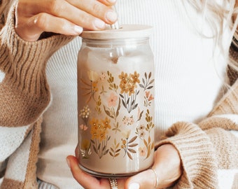 Boho Wildflowers Cottagecore Glass Coffee Mug, Pressed Flowers Mug, Pastel Floral Nature Mug, Wildflower 16oz Cup, Garden Lover Gift for Her