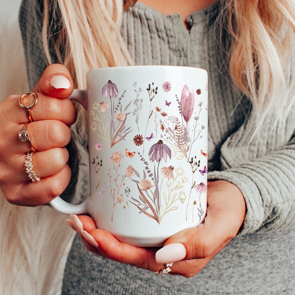 Boho Wildflowers Cottagecore Coffee Mug, Pressed Flowers Mug, Pastel Floral Nature Mug, Botanical Tea Cup, Flower Garden Lover, Gift for Her