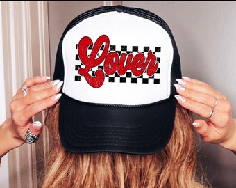 Checkered Lover Valentines Day Trucker Hat, Gift for Her, Valentines Day Gift, Hot Pink Mama Hat, Lake Hat, River Hat, Varsity XOXO Hat