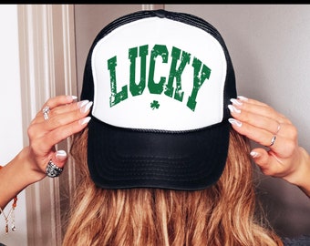 St Patricks Day Lucky Hat, Gift for Her, St Paddys Day Gift, Hot Pink Lucky Trucker Hat, Lake Hat, River Hat, Varsity Lucky Hat, Shamrock