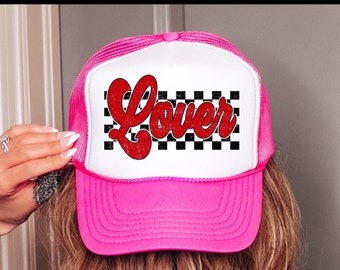 Checkered Lover Valentines Day Trucker Hat, Gift for Her, Valentines Day Gift, Hot Pink Mama Hat, Lake Hat, River Hat, Varsity XOXO Hat