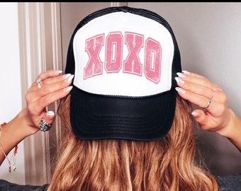 Retro XOXO Heart Valentines Day Trucker Hat, Gift for Her, Valentines Day Gift, Hot Pink Mama Hat, Lake Hat, River Hat, Varsity Lover Hat,