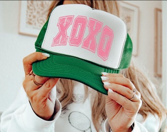 Retro XOXO Heart Valentines Day Trucker Hat, Gift for Her, Valentines Day Gift, Hot Pink Mama Hat, Lake Hat, River Hat, Varsity Lover Hat,