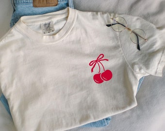 Cherry Bow Shirt, Red Cherry and Bow oversized minimalist tshirt, Pinterest Aesthetic, Girly Social Club, Trendy Pink Bow, cute sweatshirt