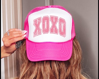 Retro XOXO Heart Valentines Day Trucker Hat, Gift for Her, Valentines Day Gift, Hot Pink Mama Hat, Lake Hat, River Hat, Varsity Lover Hat,