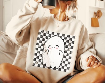 Retro Halloween Checkered Ghost Sweatshirt, Cute Ghost Shirt, Womens Halloween Tee, Cute Fall Shirt, Spooky Season Gift For Her