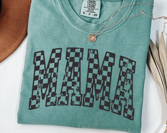 Comfort Colors® Checkered Mama Shirt Mothers Day Gift From Daughter for Mom, Floral Mama Tshirt For Birthday For Her, Baby Shower Christmas