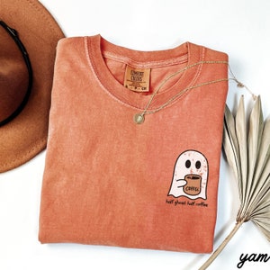 Halloween Shirt Comfort Colors Retro Half Coffee Half Ghost Pocket Tee, Cute Spooky Coffee Ghost Tee, Fall Coffee Lover Shirt, Spooky Season
