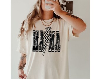 Comfort Colors® Checkered Mama Lightning Bolt Shirt, 90s Retro Mama Shirt, Mother’s Day Gift, Motherhood Shirt, Mom Life Tee, Cute Mom Shirt