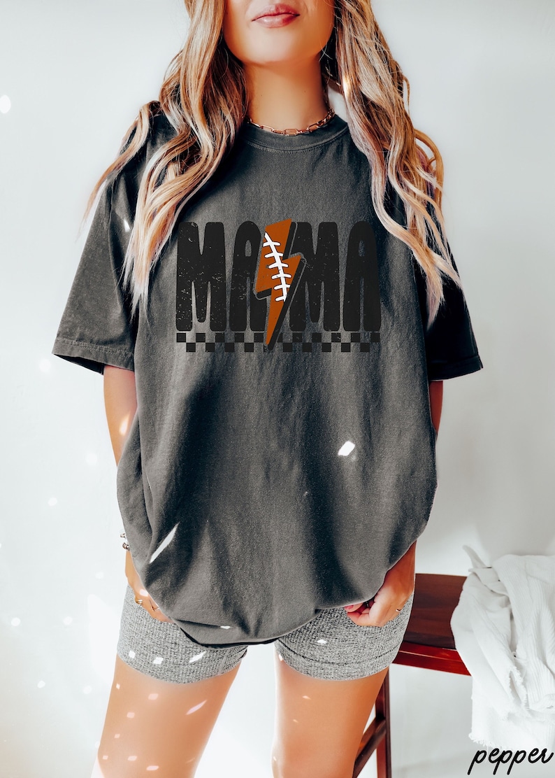 Comfort Colors® Checkered Football Mama Shirt, Lightning Football Mama Tee, Football Mom Tshirt, Game Day Football Season, Sport Mom Tee Pepper