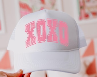 Retro XOXO Heart Valentines Day Trucker Hat, Gift for Her, Valentines Day Gift, Hot Pink Mama Hat, Lake Hat, River Hat, Varsity Lover Hat,